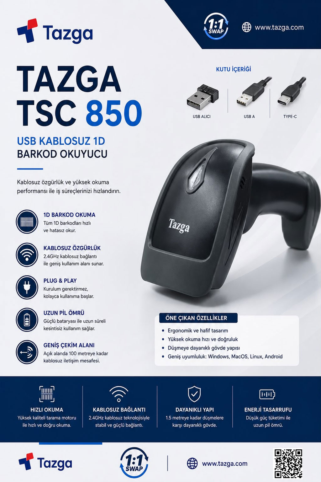 TAZGA TSC 850 USB KABLOSUZ 1D BARKOD OKUYUCU | barkomatik.com.
